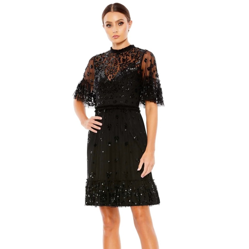 Mac Duggal‎ 9143 Beaded Butterfly Sleeve Mini Dress Women Size 2 Black NEW
